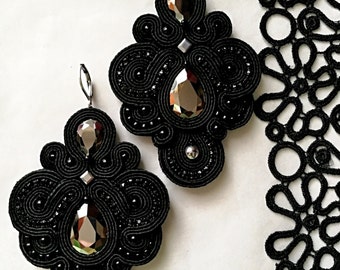 Soutache black&hematit long earrings