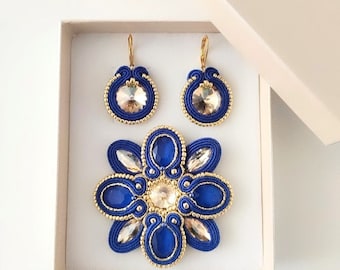 Parure de bijoux élégante soutache bleu-or