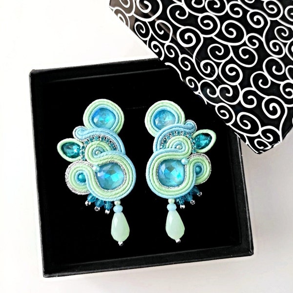 Soutache blue-green swarovski elegant pastel earrings