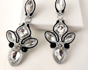 Soutache longues boucles d'oreilles élégantes noir et argent