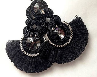 Black & grey soutache earrings with black tassels