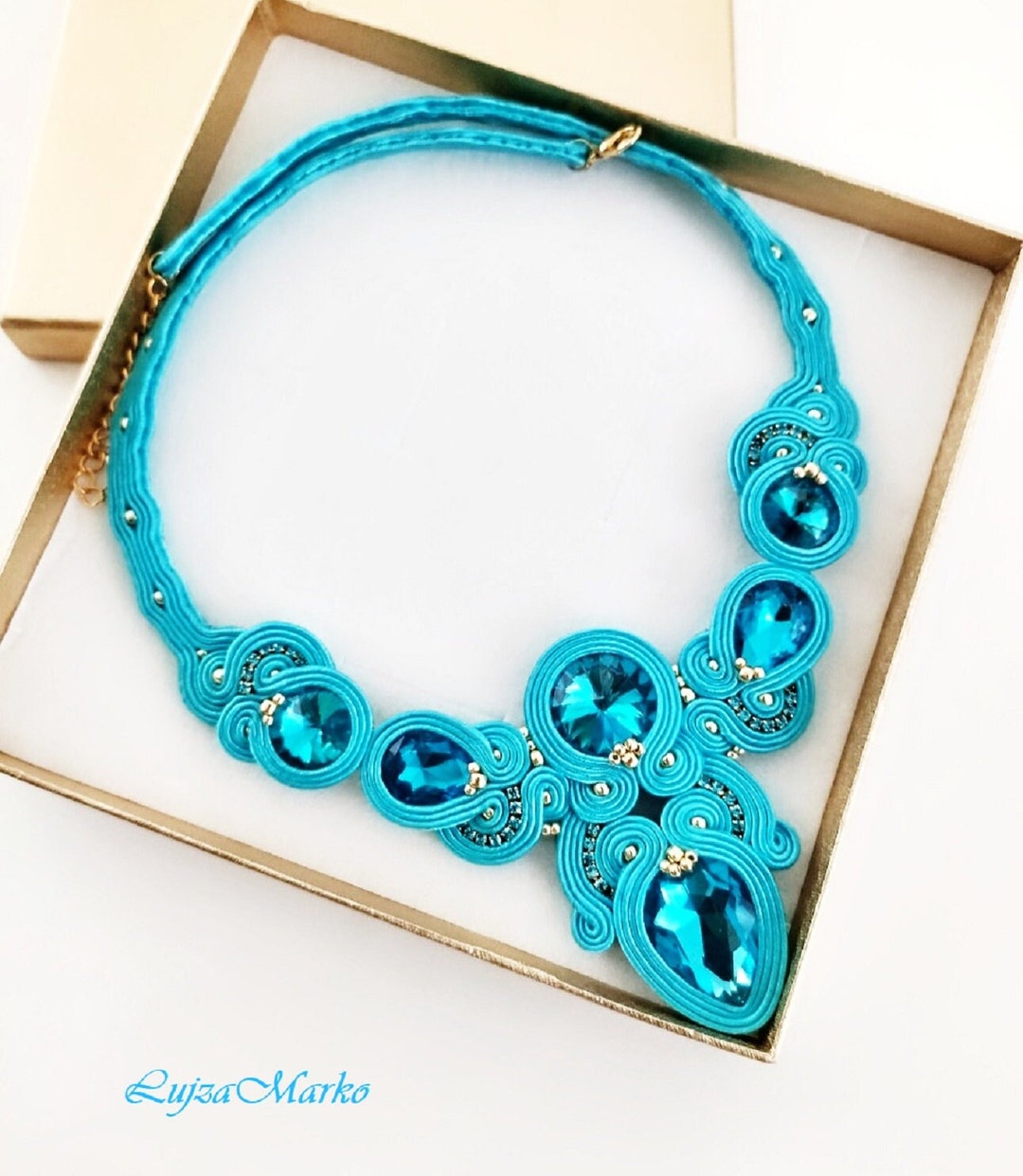 Turquoise Gold Elegant Soutache Set necklace Earrings Etsy