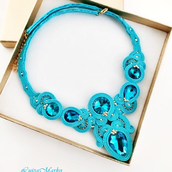 Conjunto soutache elegante oro turquesa (collar + pendientes)