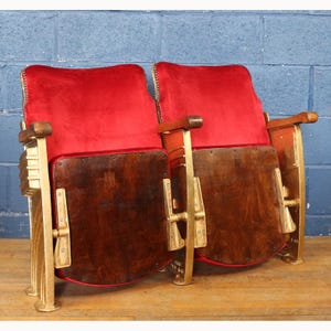 A Pair of Vintage Art Deco C1930s Cinema Theatre Seats or Chairs Red Velvet & Aisle End Panels REF6