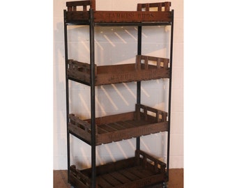A Large Vintage Rustic Bakers Rack, Shop Display Stand, Storage Rack, Kitchen Stand, set with potato chitting trays