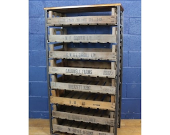 A Vintage Rustic Industrial Chest of 8 Drawers, Kitchen Storage, Greenhouse Storage, Set with potato chitting trays