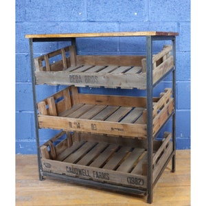 A Vintage Rustic Industrial Three Tier Kitchen Storage Shoe Rack, Entranceway Table, Side Table, Set with Potato Chitting Trays