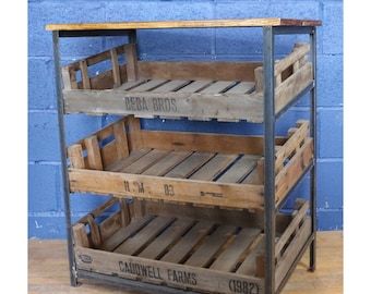 A Vintage Rustic Industrial Three Tier Kitchen Storage Shoe Rack, Entranceway Table, Side Table, Set with Potato Chitting Trays
