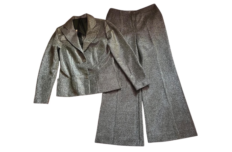 Vintage 60s 70s Silver Lurex Trouser Suit: Mod Flares, Size UK small image 3