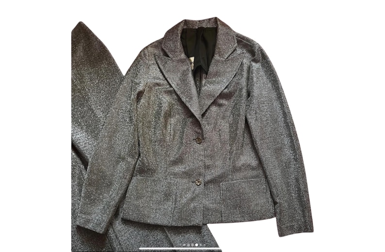 Vintage 60s 70s Silver Lurex Trouser Suit: Mod Flares, Size UK small image 13