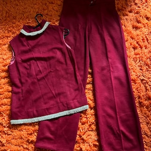 Vintage 1960s 1970s pant suit mod burgundy red suit 1970s 60s suit top and trousers set Twiggy Biba Quant