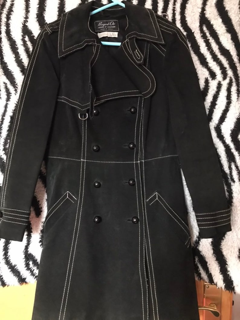 Beautiful vintage designer 1960s 1970s Western black suede leather spy jacket mod psych trench coat