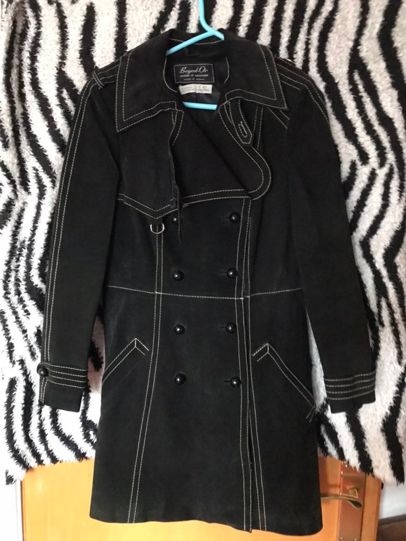 Beautiful vintage designer 1960s 1970s Western black suede leather spy jacket mod psych trench coat