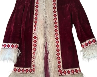 Vintage 1960s 1970s burgundy red hippie velvet  Penny Lane shearling coat Twiggy Mod Afghan