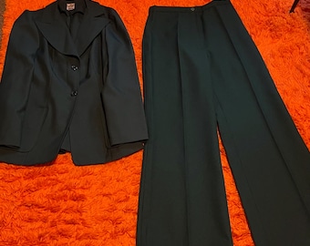 Vintage 70s Green Trouser Suit, Mod Style, Flared Pants