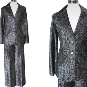 Vintage 60s 70s Silver Lurex Trouser Suit: Mod Flares, Size UK small image 1