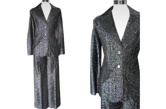 Vintage 60s 70s Silver Lurex Trouser Suit: Mod Flares, Size UK small