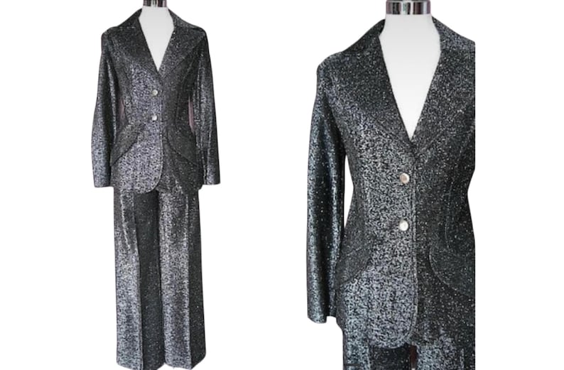 Vintage 60s 70s Silver Lurex Trouser Suit: Mod Flares, Size UK small image 1
