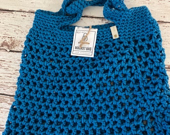 Farmhouse styled market bag, crocheted mesh market bag, crocheted garden tote, crocheted mesh garden tote, blue tote, blue garden bag