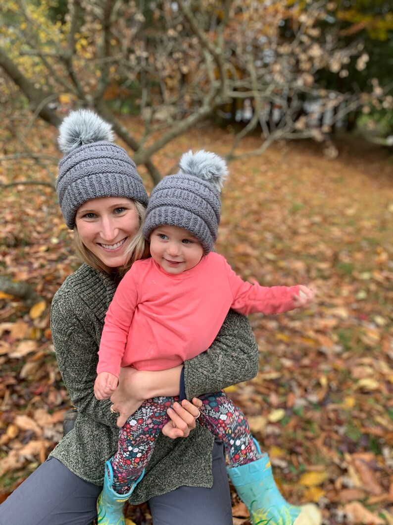 Mommy and Me Knit Hat Faux Fur Pom Pom Fall Beanie Boho Beanie Hat