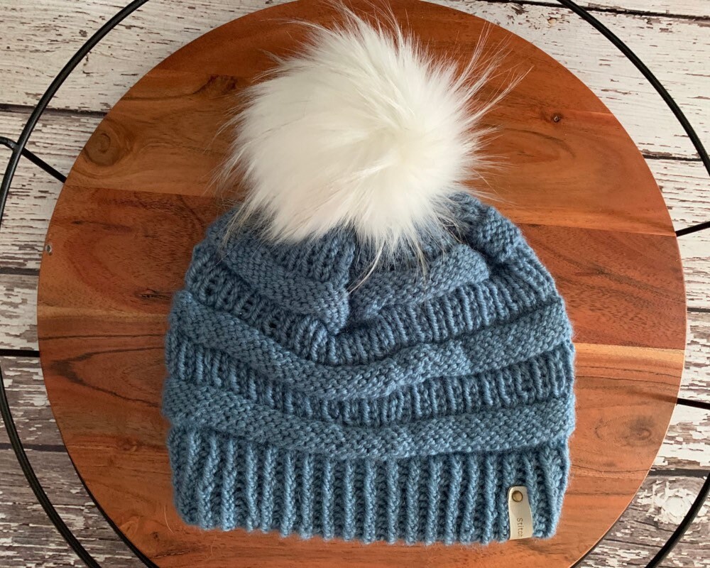 Winter Knit Hat With Large Faux Pom 