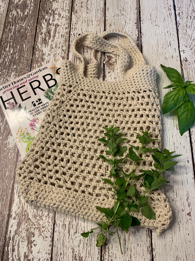 Farmhouse styled market bag, crocheted mesh market bag, crocheted garden tote, crocheted mesh garden tote, neutral tote, neutral garden bag image 1