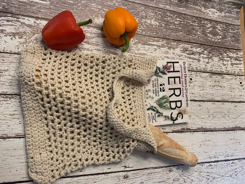 Farmhouse styled market bag, crocheted mesh market bag, crocheted garden tote, crocheted mesh garden tote, neutral tote, neutral garden bag image 5