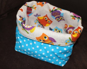 Pocket empty, owl printed cloth pan and blue cotton with white polka dots