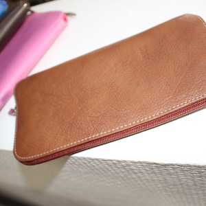 Monedero grande, elegante cartera de piel marrón aprox. 22,5 x 11,5 cm