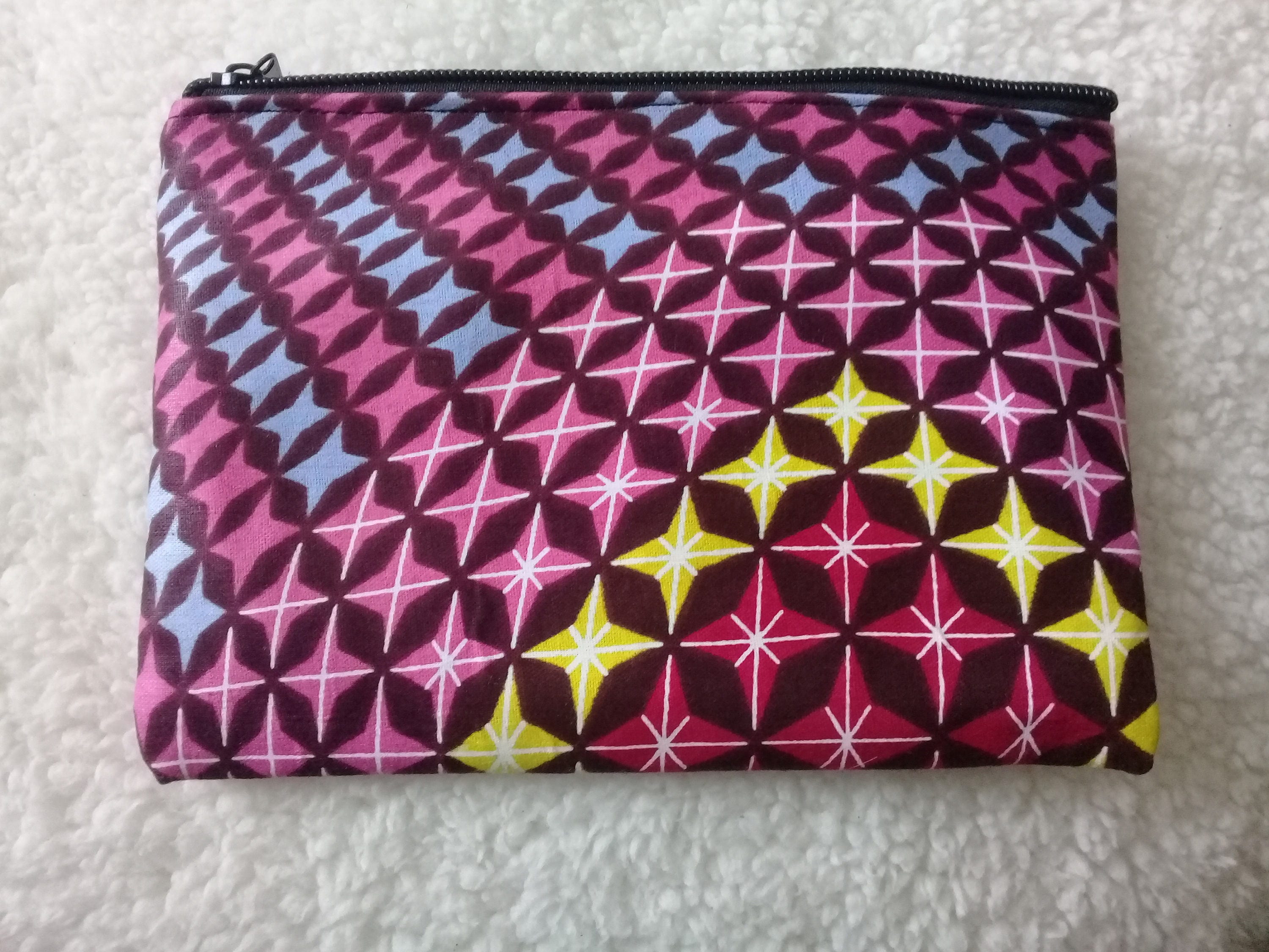 Poche, Pochette Zippée en Wax Rose/ Marron/ Bleue, Env 19x13cm.