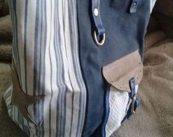 Handtasche aus Stoff und Leder, weiß, blau, beige, Silber, einzigartige !!!