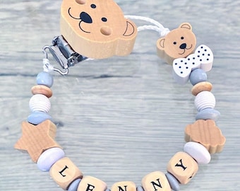 Pacifier/soft toy attachment, wooden clip, white beads, wood, large pastel, star clouds and teddy bears