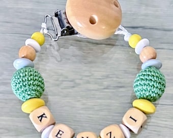 Pacifier clip / wooden comforter, wooden clip, white beads, wood, pastel gray. pastel yellow and olive green crocheted beads