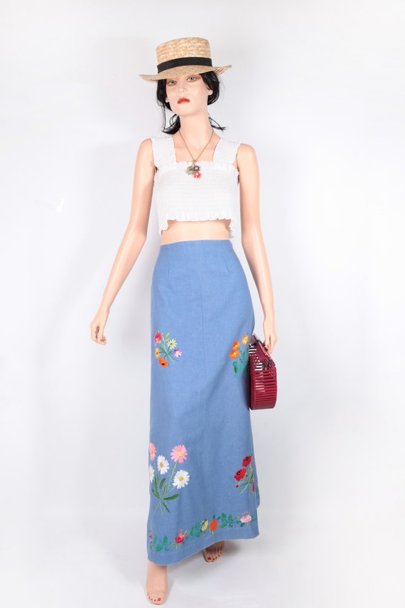 1970, Boho, Hippie, Maxi skirt, in Denim hand-emb… - image 2