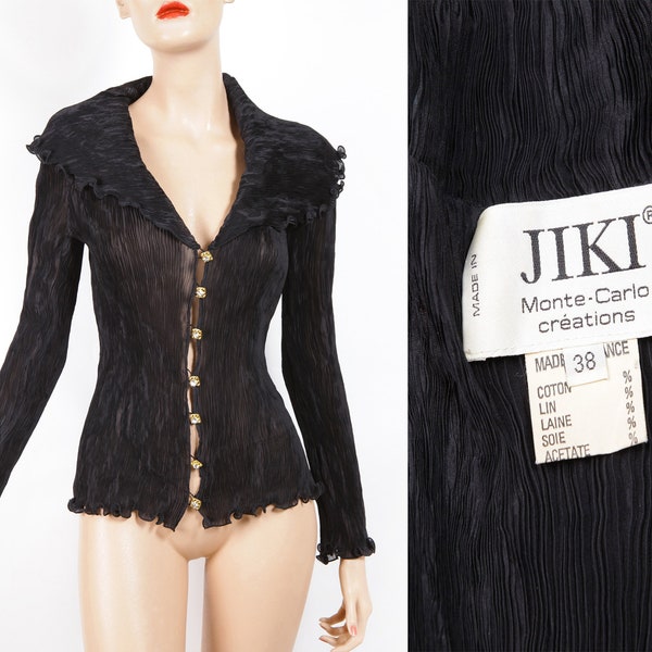 JIKI MONTE CARLO, Made in France, Vintage blouse plisse noir boutons Swarovski, Taille M/38FR