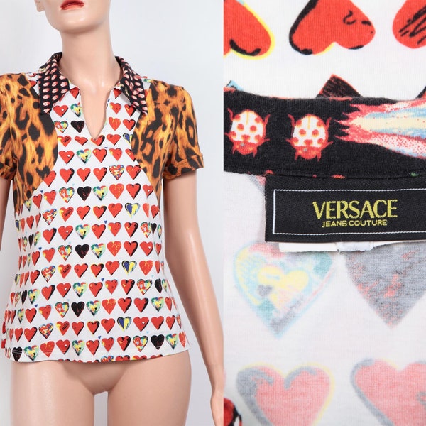 Versace Jeans Couture 1997s. Stretch knit top, leopard, heart, ladybug pattern, 100% authentic, Size Large/40FR.