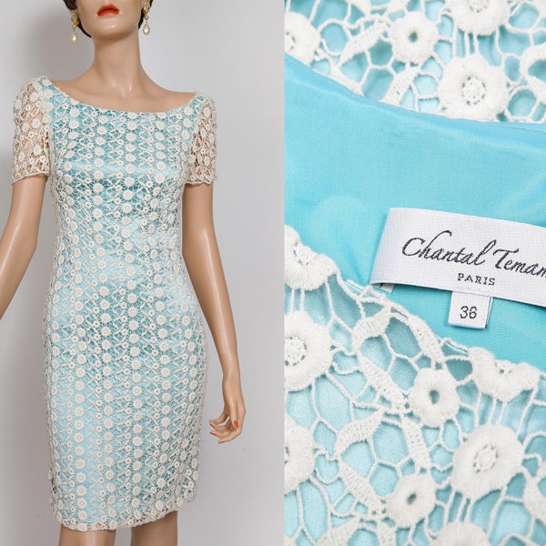 Créatrice française CHANTAL TEMAM Paris, Robe en dentelle crochet Made in France, Robe de Cocktail blanc, Taille XS/34