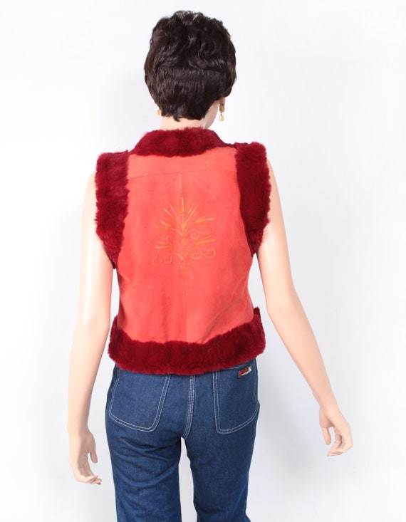 Vintage embroidered red rabbit fur and suede vest… - image 5