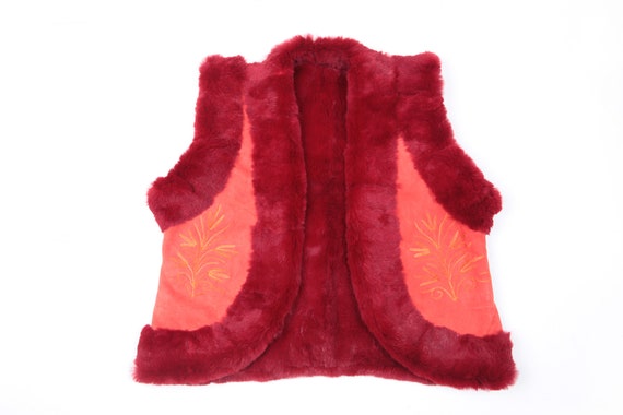 Vintage embroidered red rabbit fur and suede vest… - image 4