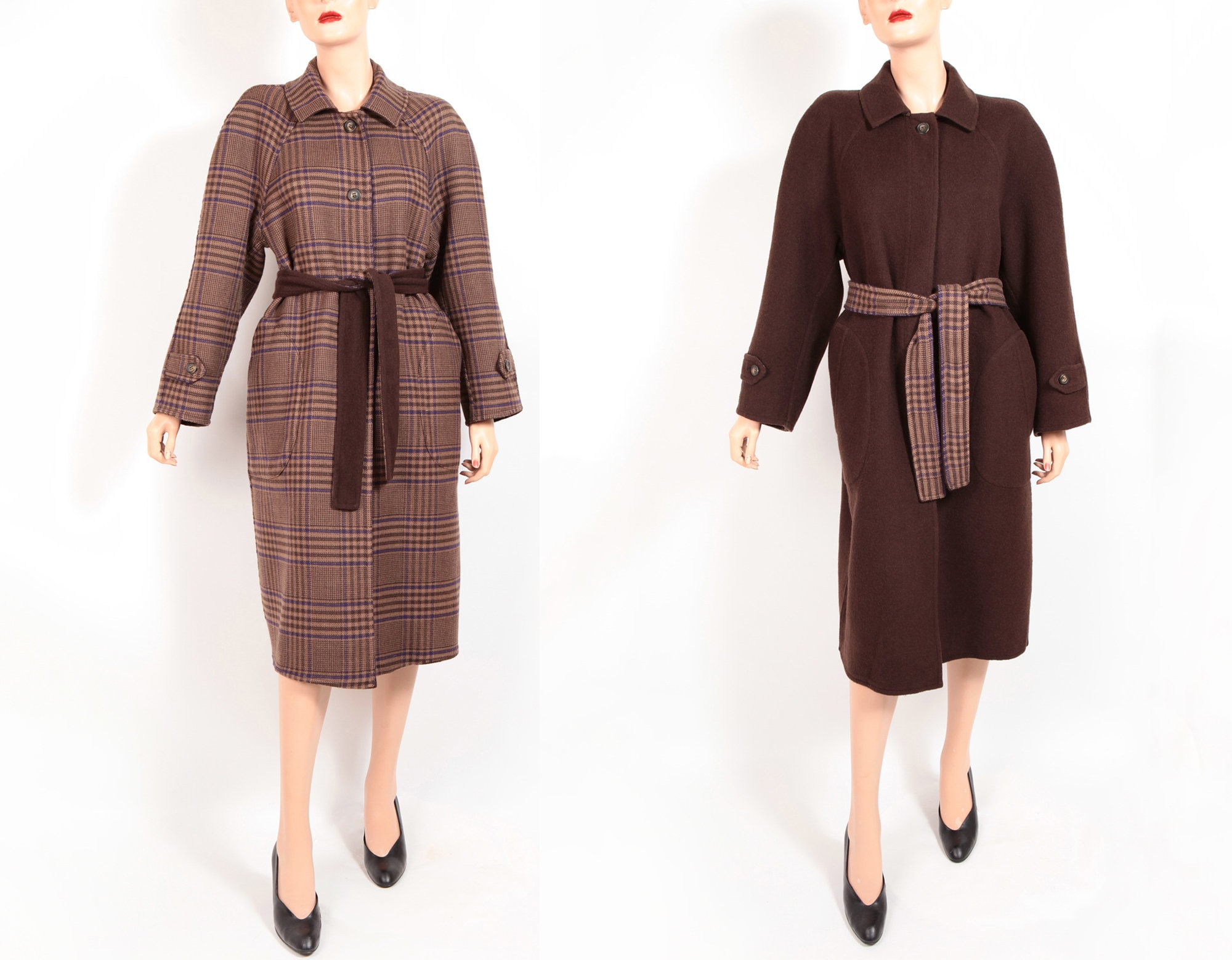 80s BROWN CHECK REVERSIBLE TRENCH COAT