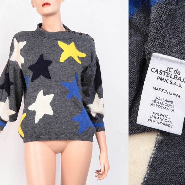 JC de CASTELBAJAC 2000S- Hand knitted sweatshirt, gray with blue, yellow, white and black stars, Medium/Large