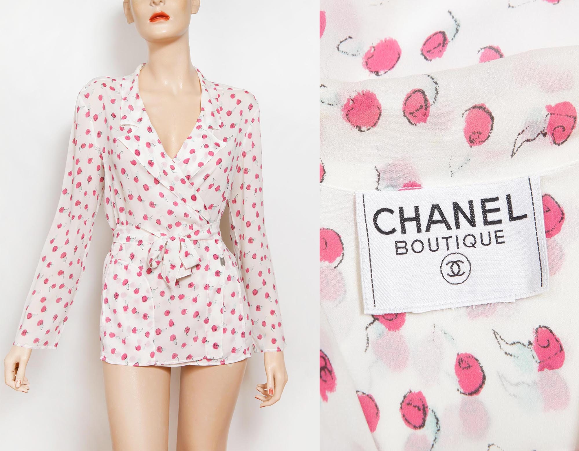 Chanel Creations 70s by Coco Chanel Vintage Silk Blouse CC Logo Printed  Size 10