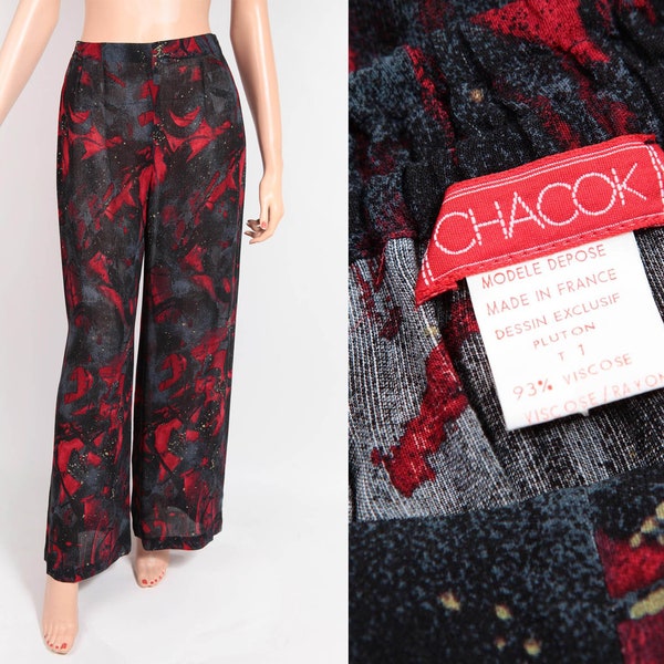 CHACOK 80's, Pantalon en viscose fluide, Imprimé abstrait dans les tons gris, noir et rouge, dessin exclusif de la créatrice. Small