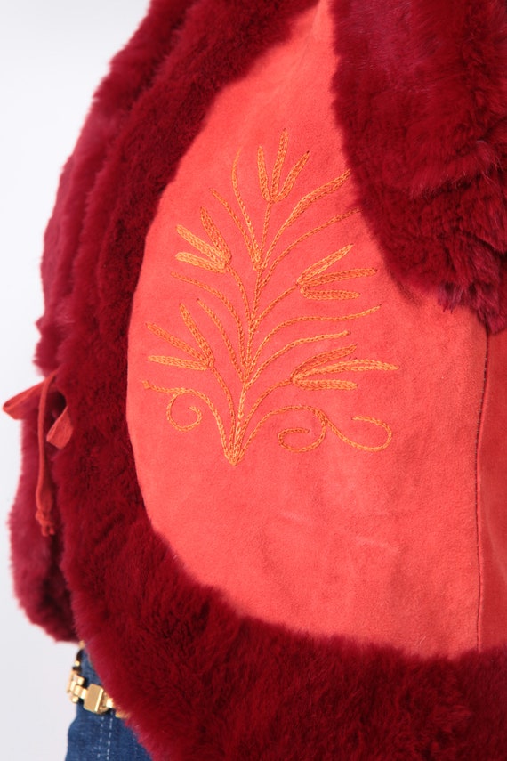 Vintage embroidered red rabbit fur and suede vest… - image 2