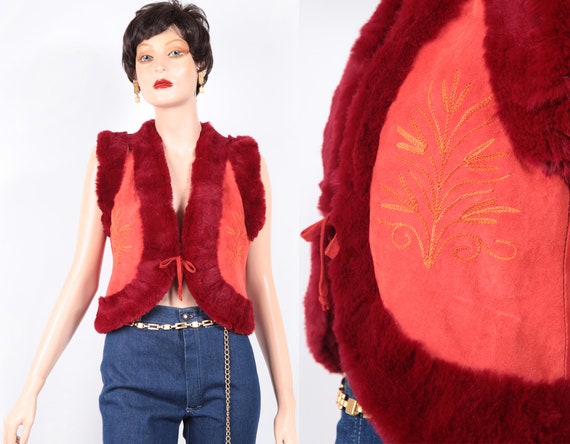 Vintage embroidered red rabbit fur and suede vest… - image 1