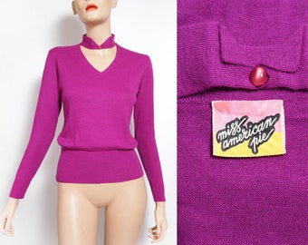 70s Magnifique pull avec col original vintage, Lumineux couleur rose violet , Taille Small/36FR