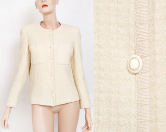 TRICOSA Paris. Circa 1970. Blazer blanc ecru en tweed, Veste vintage, taille Medium/Large