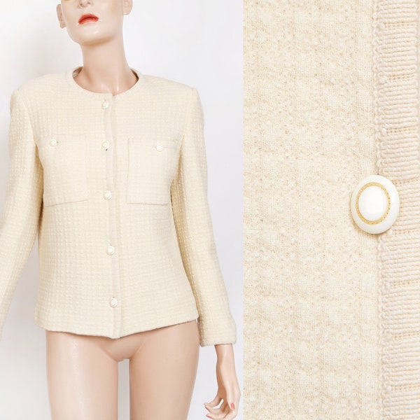 TRICOSA Paris. Circa 1970. Blazer blanc ecru en tweed, Veste vintage, taille Medium/Large