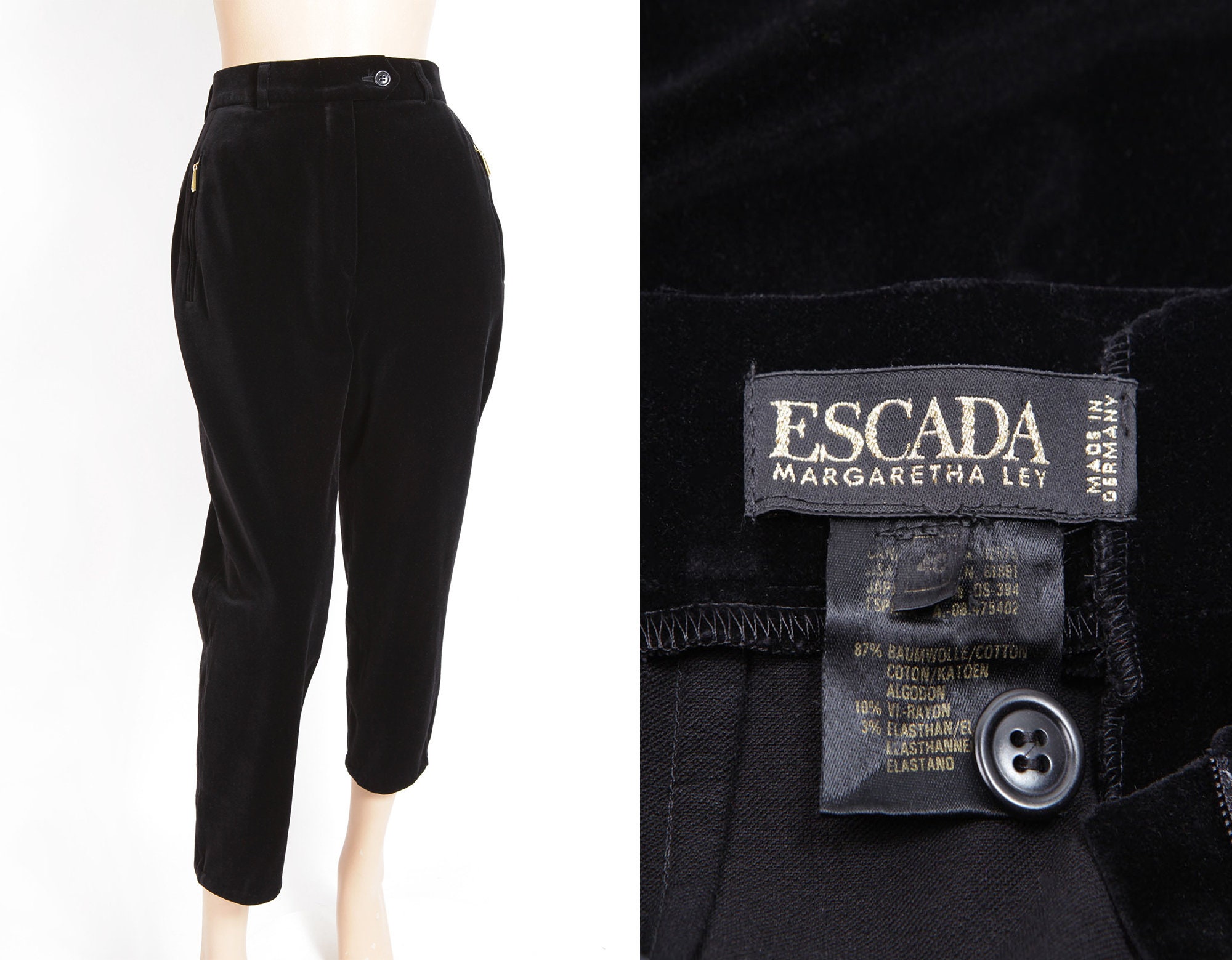 Escada Black Slub Cotton and Silk High Waist Straight Leg Pants M