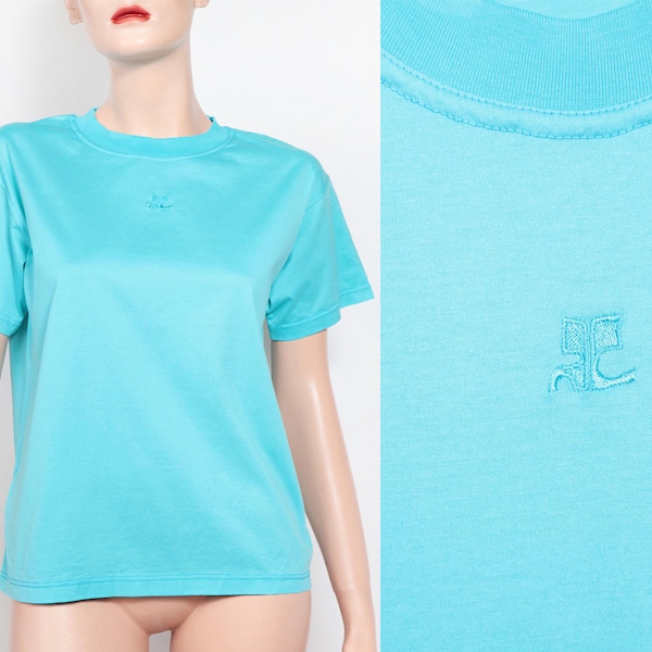 COURRÈGES 90's, T-shirt with logo in sky blue cotton, Made in Italy, Authentic, Size Medium/38